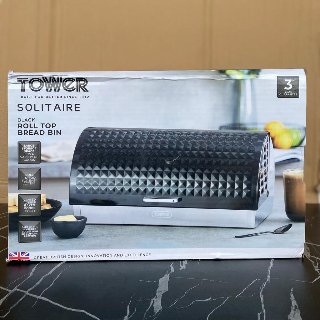 Tower Solitaire Black Roll Top Bread Bin
