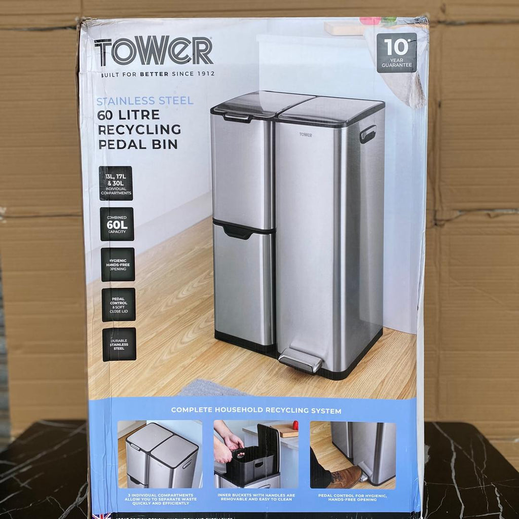 60L Tower Three Compartment Recycling Pedal Bin -STORE REJECT