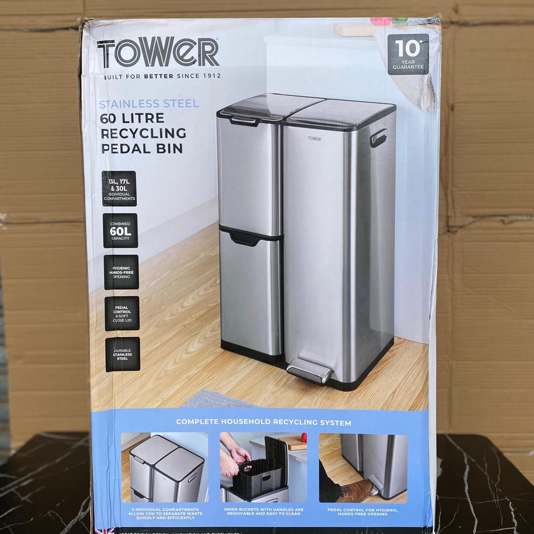 60L Tower Three Compartment Recycling Pedal Bin -STORE REJECT