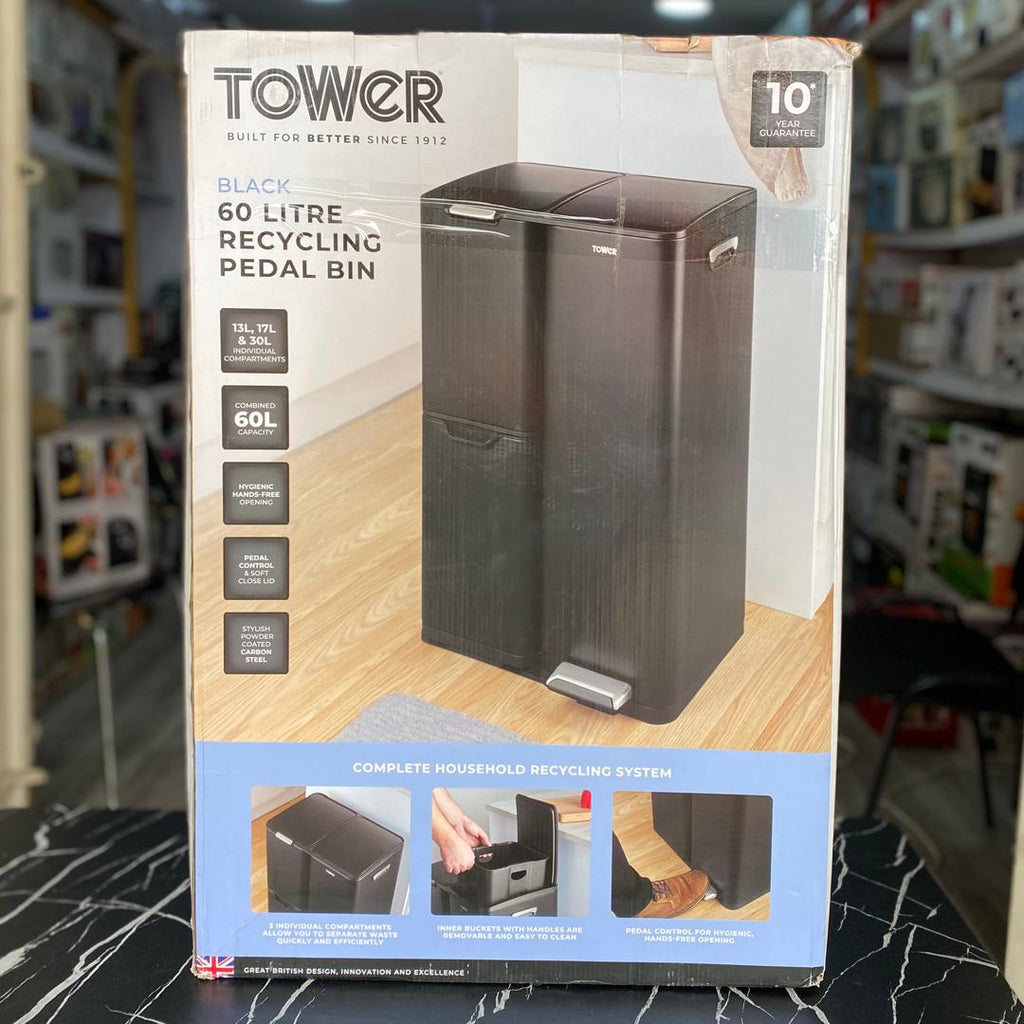 Tower 60L black triple recycling pedal bin - NEW