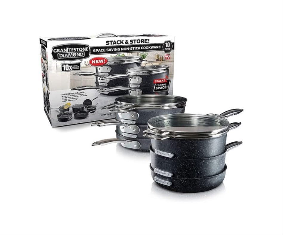 10-piece Granitestone Diamond Pro Stackmaster Non-stick Cookware Set - NEW